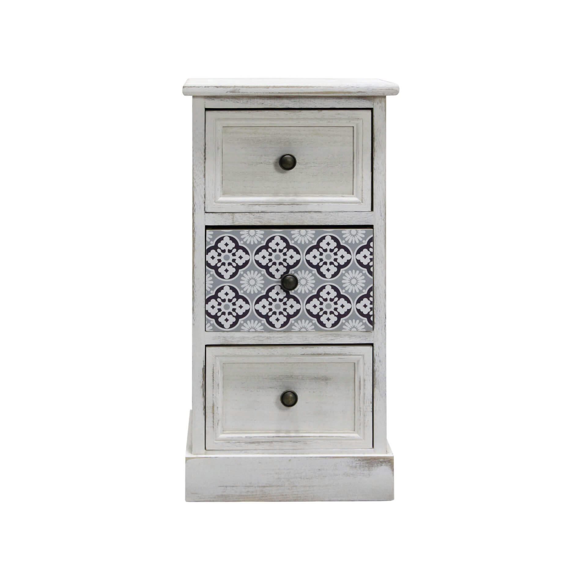 - Table de chevet majolique avec 3 tiroirs en bois blanc