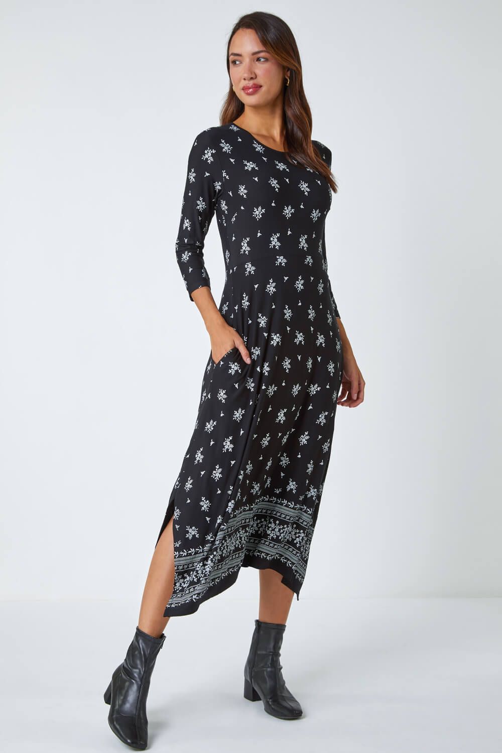 Roman Ditsy Border Print Midi Stretch Dress