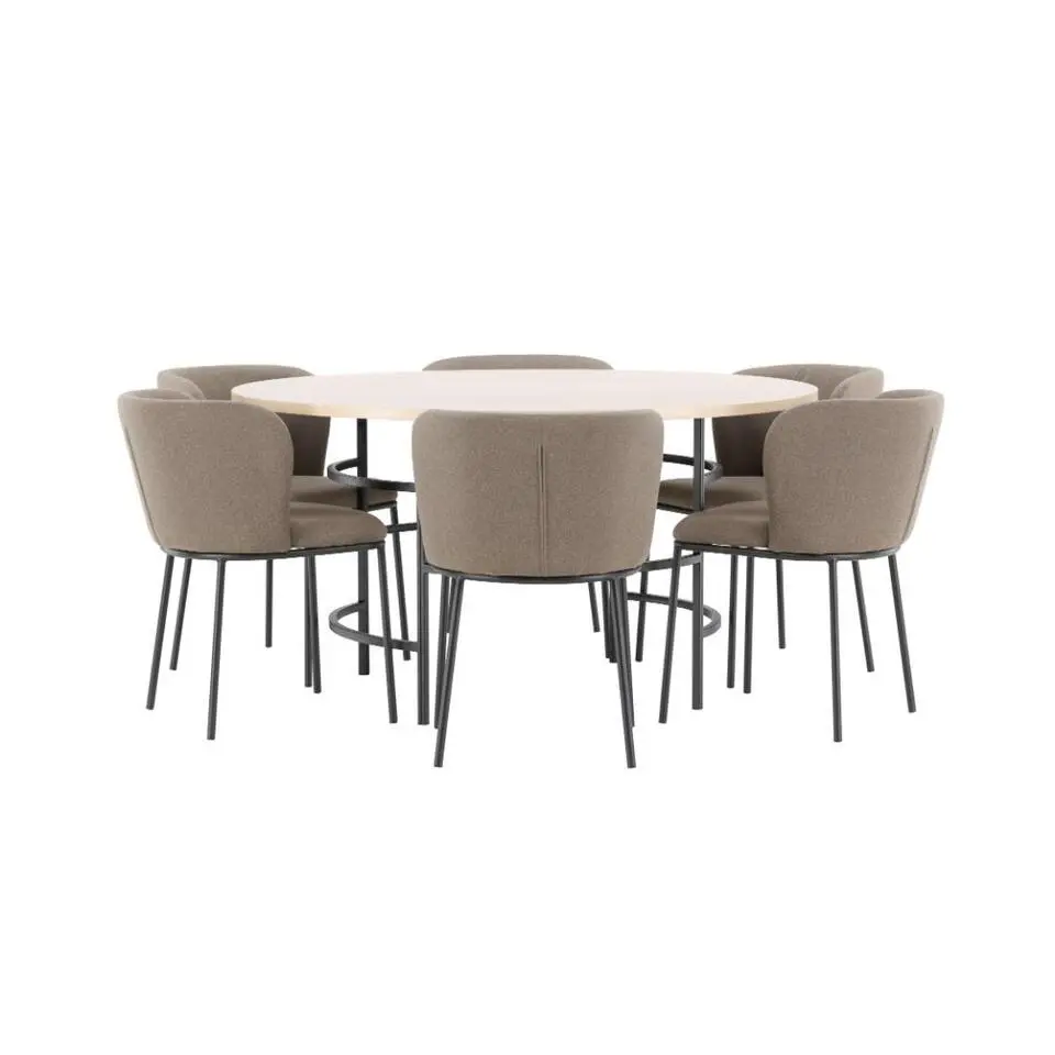 Hioshop Copenhagen eethoek tafel &Oslash;140cm en 6 stoelen whitewash- bruin
