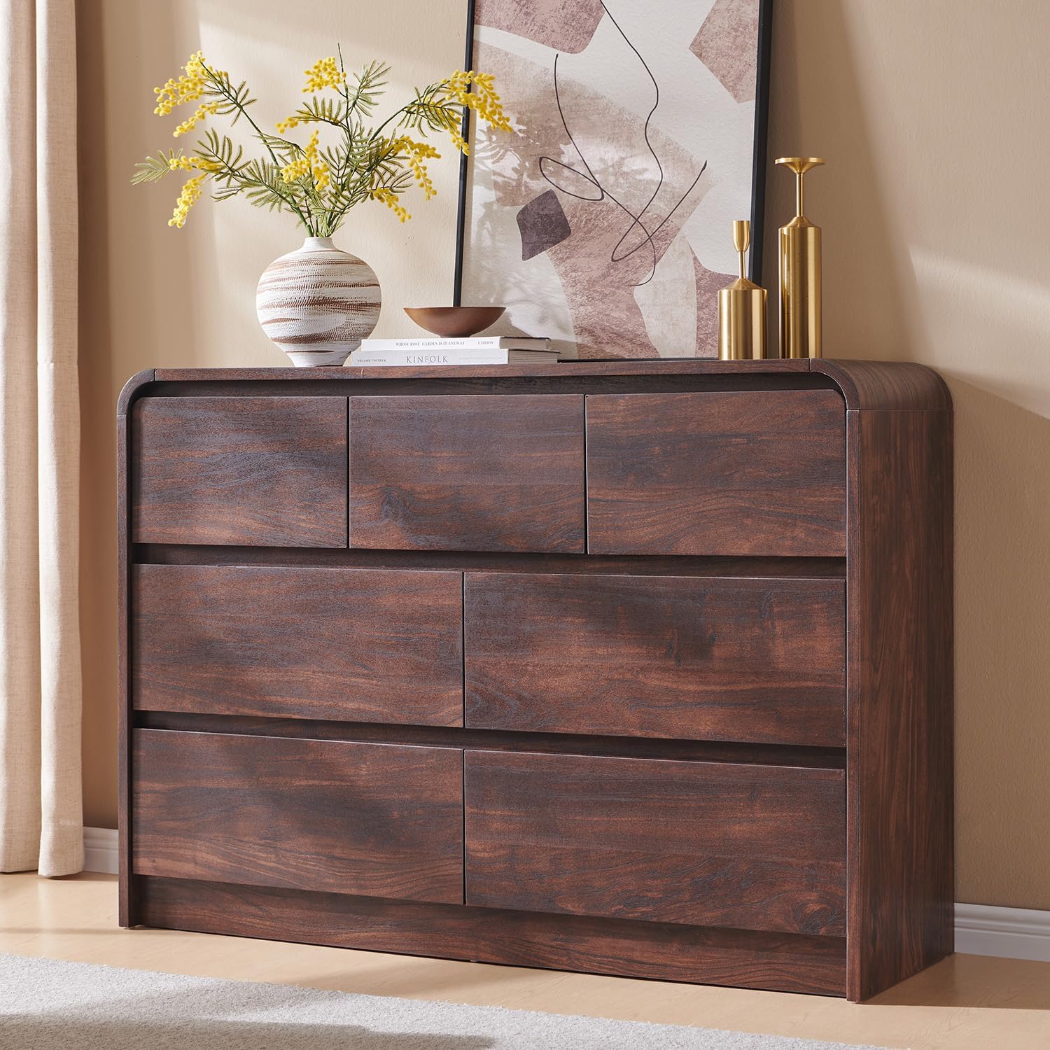 Modern 7 Drawers Dresser for Bedroom, 47 Wide Wood Dressers & Chests of Drawers w/Curved Profile Design, Mid Century Modern Dresser w/Natural Texture for Bedroom, Living Room, Brown