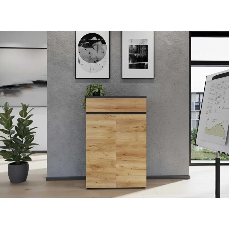 Archiefkast Miguel met lade en 2 legplanken - antraciet/eik