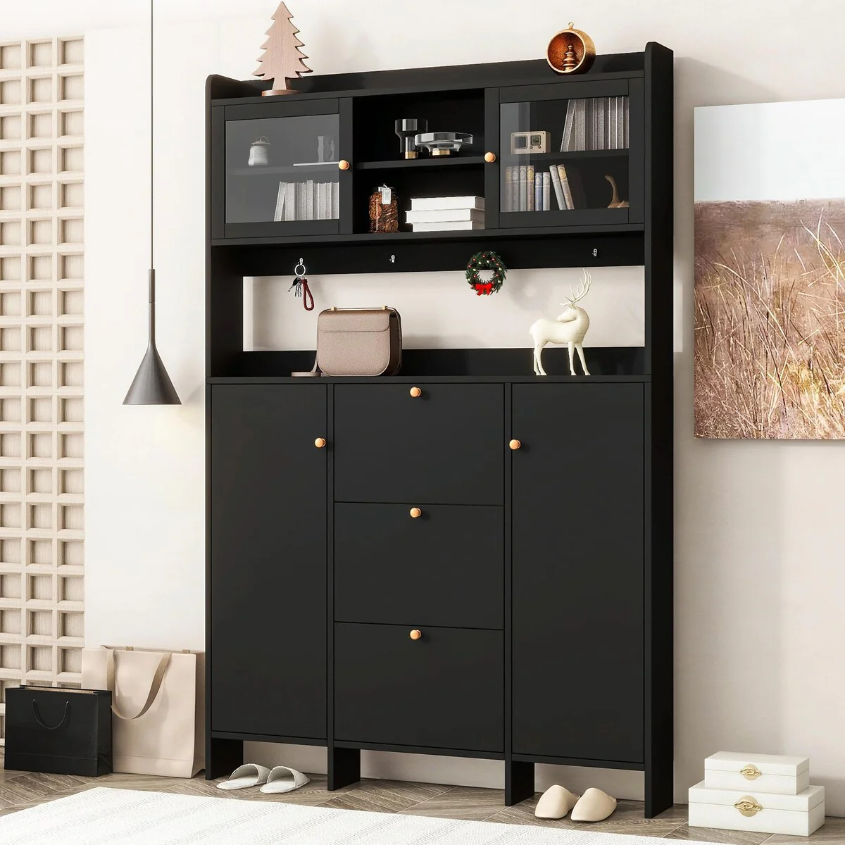 Contemporary Shoe Cabinet with Open Storage Platform, Hall Tree