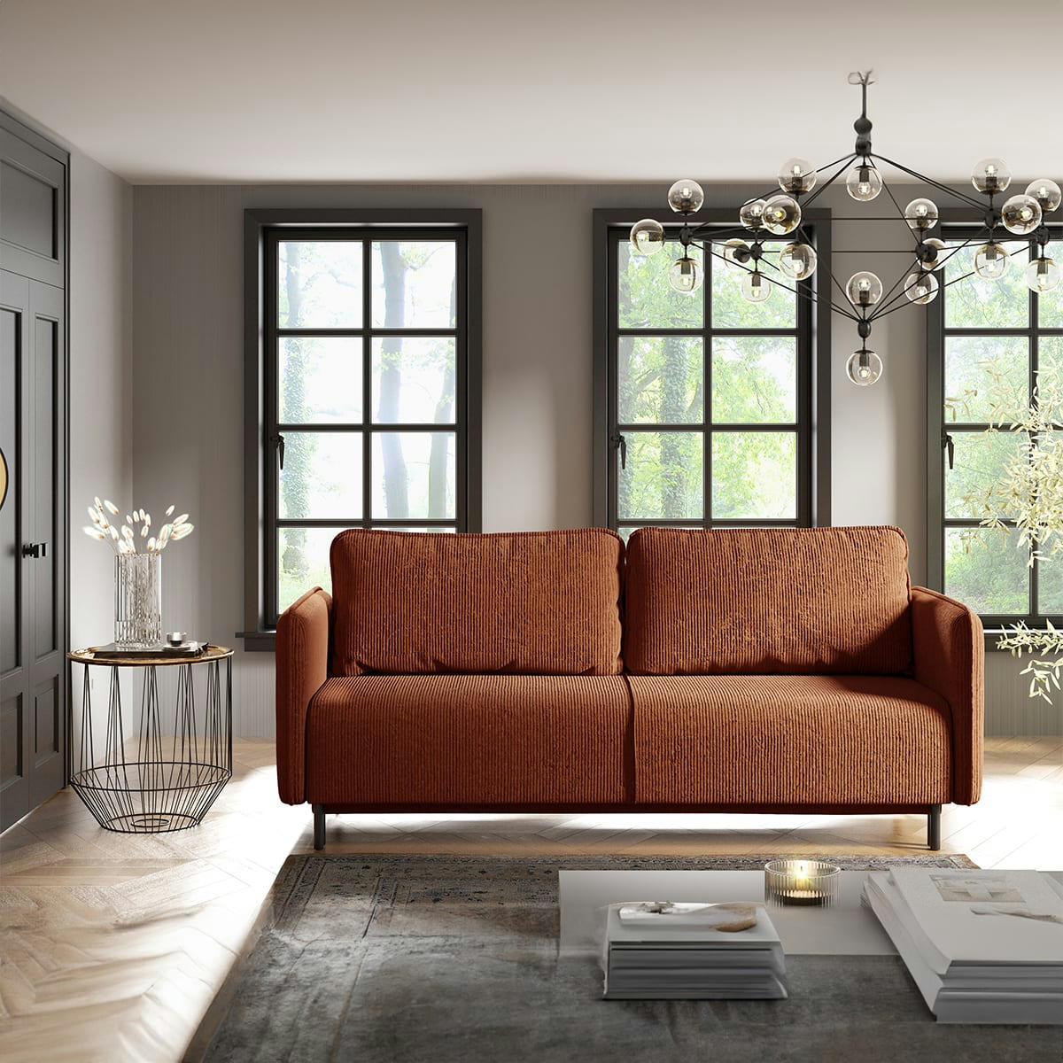 - Canapé convertible 3 places velours côtelé orange brique