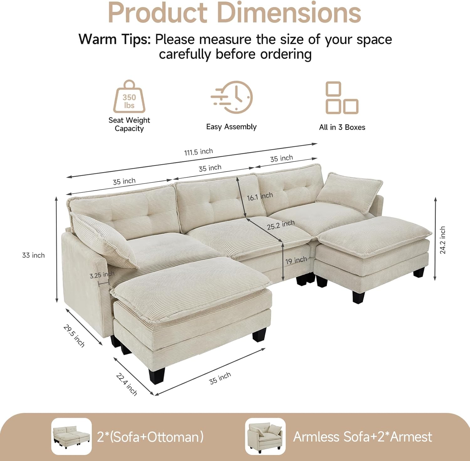 Modular Sectional Sofa, 111.5 U-Shaped Corduroy Comfy Sectional Couches for Living Room, 3-Seater Cloud Couches with 2 Movable Ottomans, Flexible Combination Modern Deep Seat Sofa (Beige)
