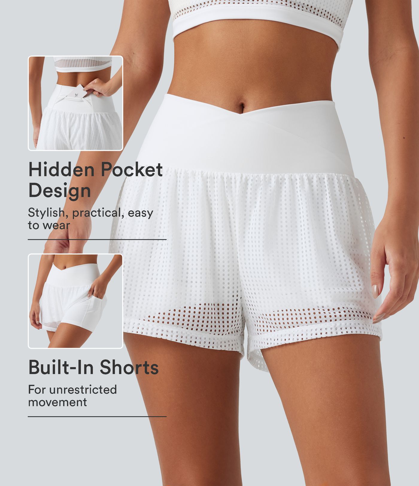 Short de yoga 2-en-1 SoftlyZero™ QuickDry taille haute croisée avec broderie anglaise et poches, 7,5 cm