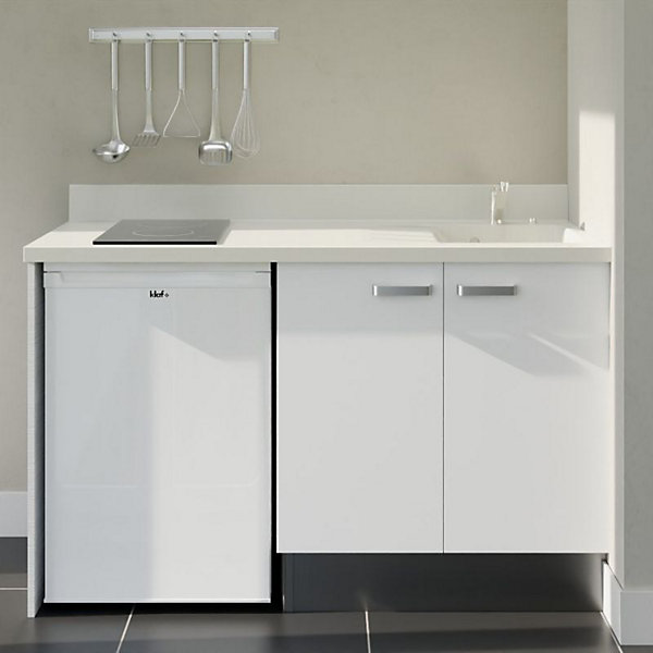 Kitchenette K17 - 140 cm - façades Blanc - Plan monobloc en quartz coloris Snova évier à droite - Electroménager Blanc