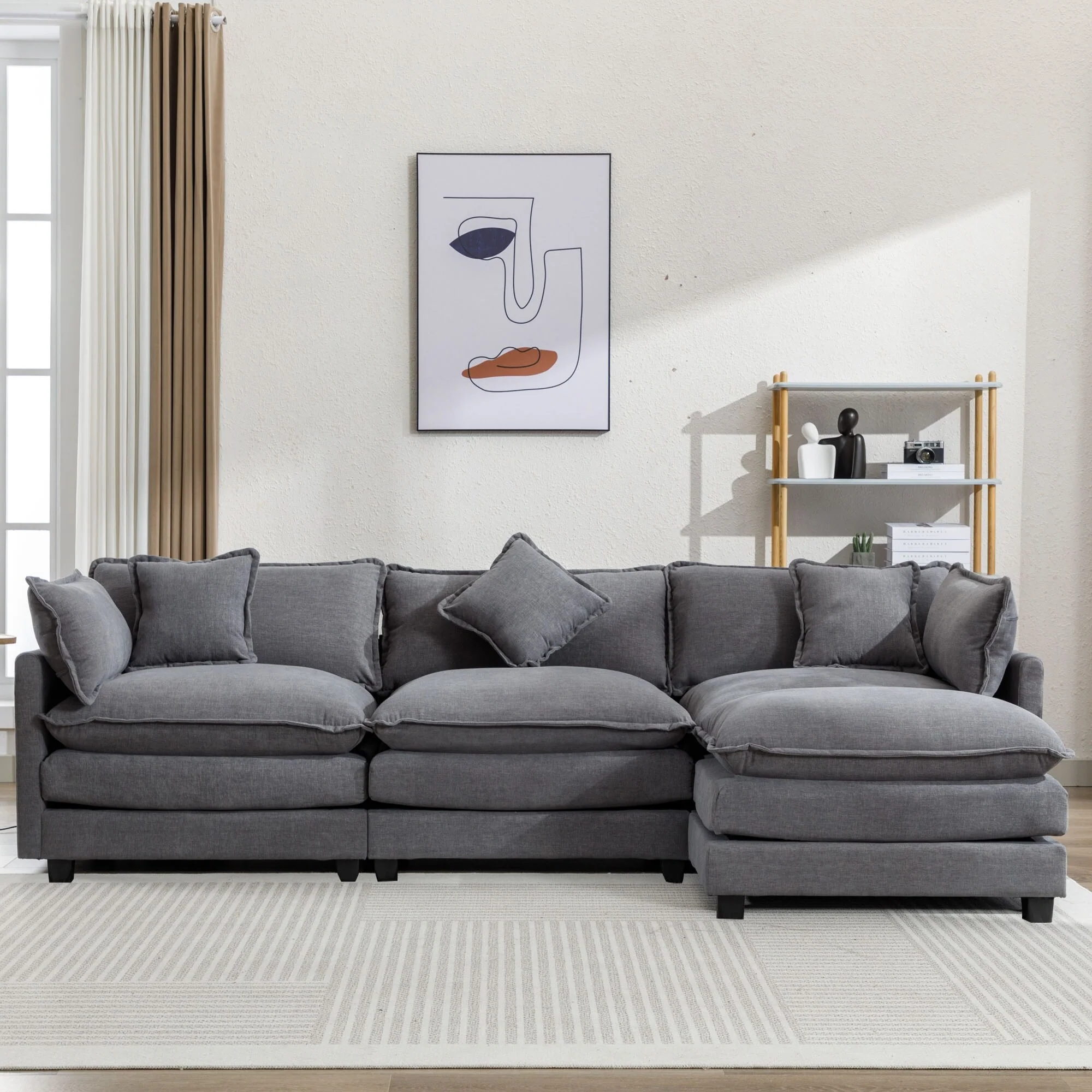 Modern L Shaped Chenille Sectional Sofa with Removable Ottoman and 5 Pillows for Living Rooms or Apartments