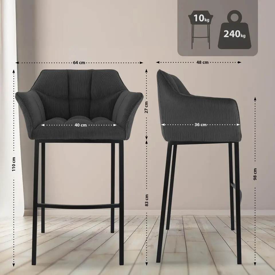 CLP Barkruk Damaso zwart Frame - Metaal - donkergrijs