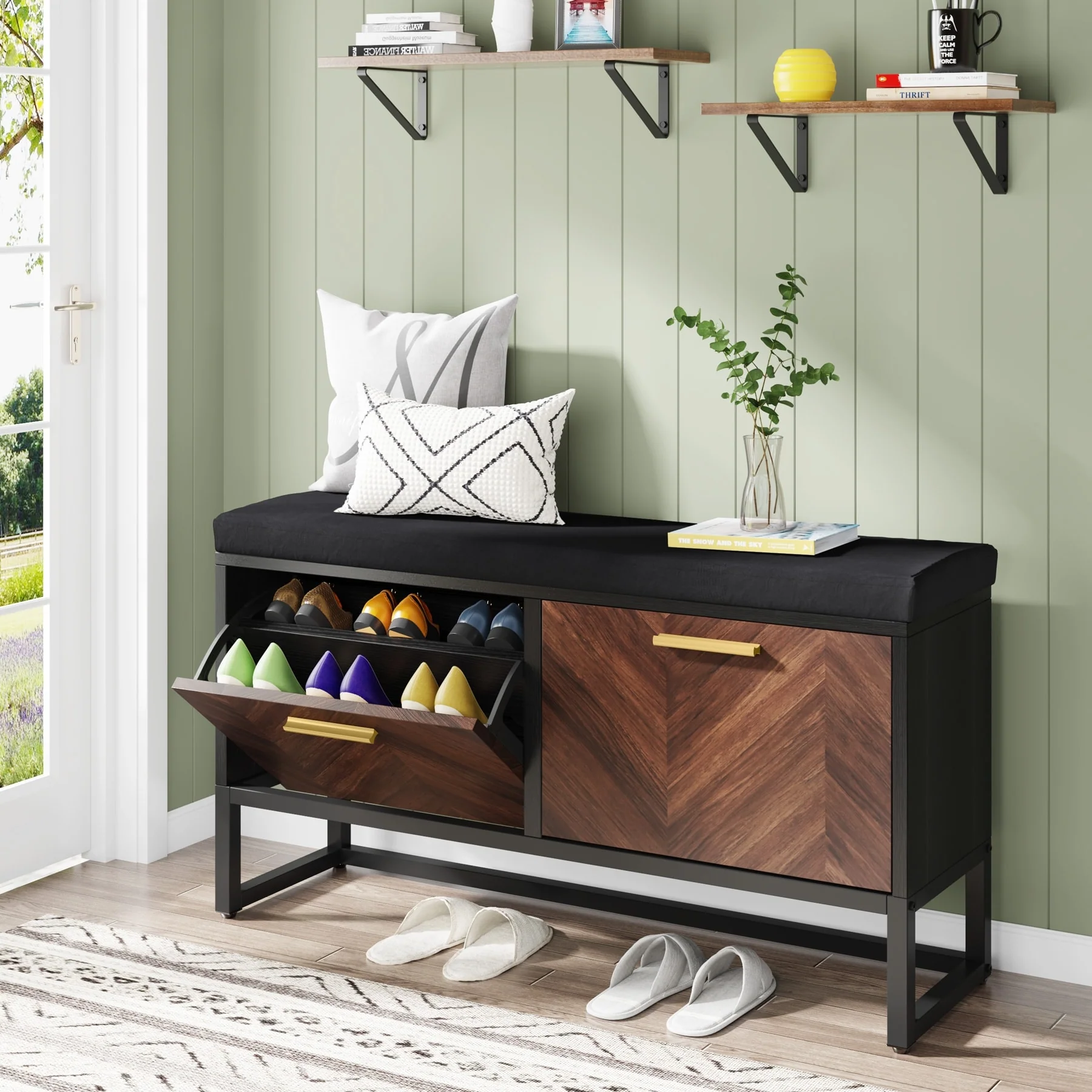 Shoe Storage Bench with Cushion, Entryway Shoe Bench with 2 Flip Drawers