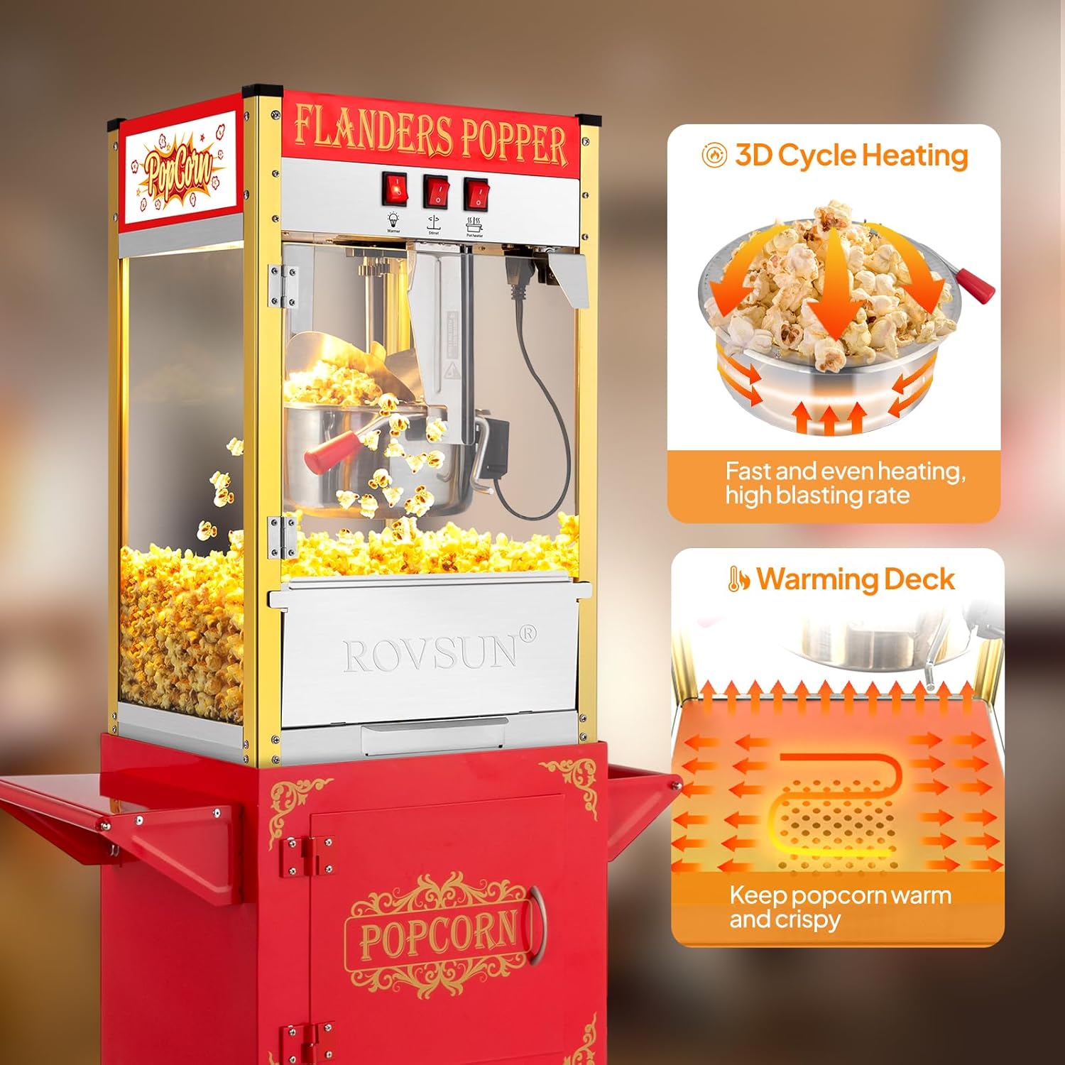 ROVSUN Popcorn Machine with Cart, 10 Oz Kettle Makes Up to 4 Gallons ETL Certified, Vintage Popcorn Maker w/Scoop, Oil Spoon, Bags & 3 Popcorn Cups, Movie Theater Style Popper for Commercial Home, Red