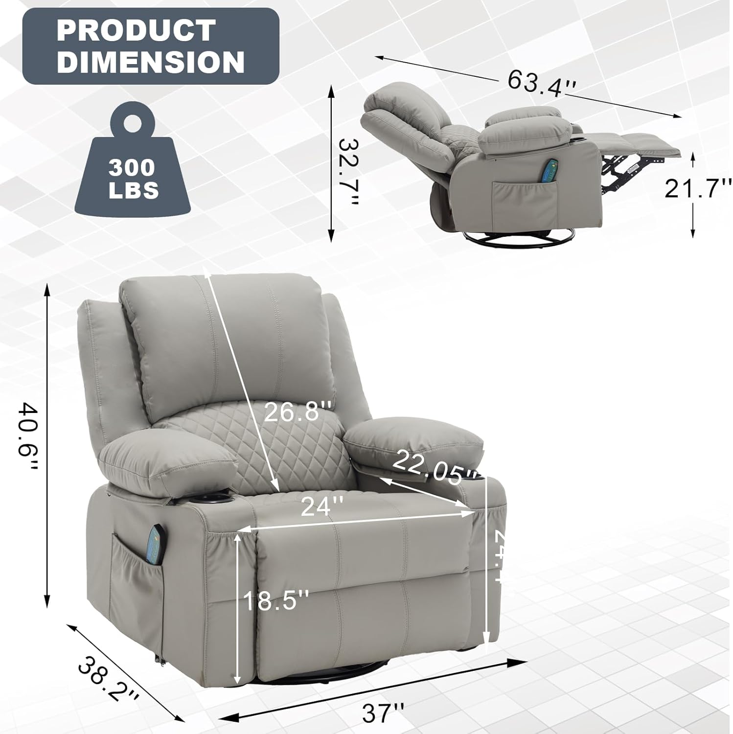 Leather Recliner Chair with Heat and Massage Cup Holder, Thickly Padded Overstuffed Rocking Glider Chair, Swivel Rocker Recliner Chair for Nursery, Grey