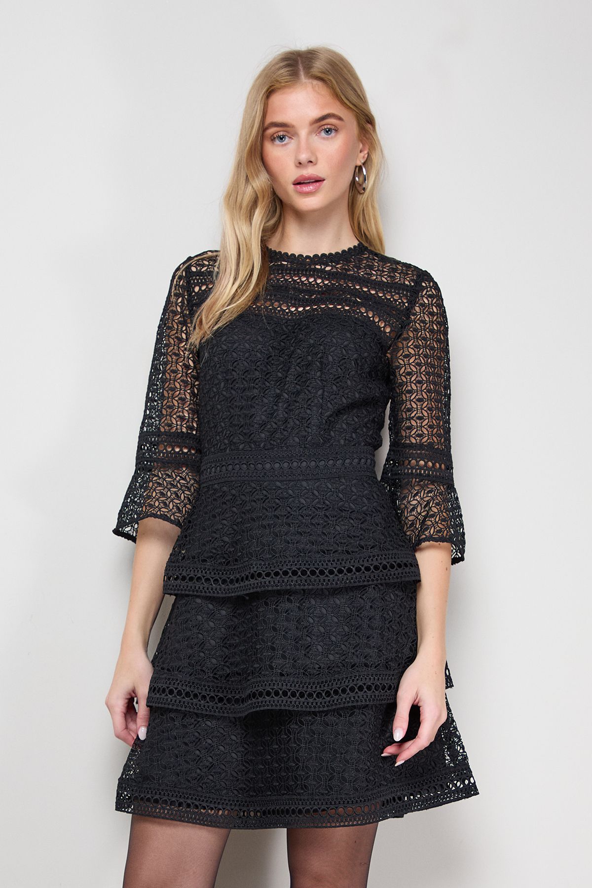 Oasis Lace Trim Detail Puff Sleeve Ruffle Mini Dress