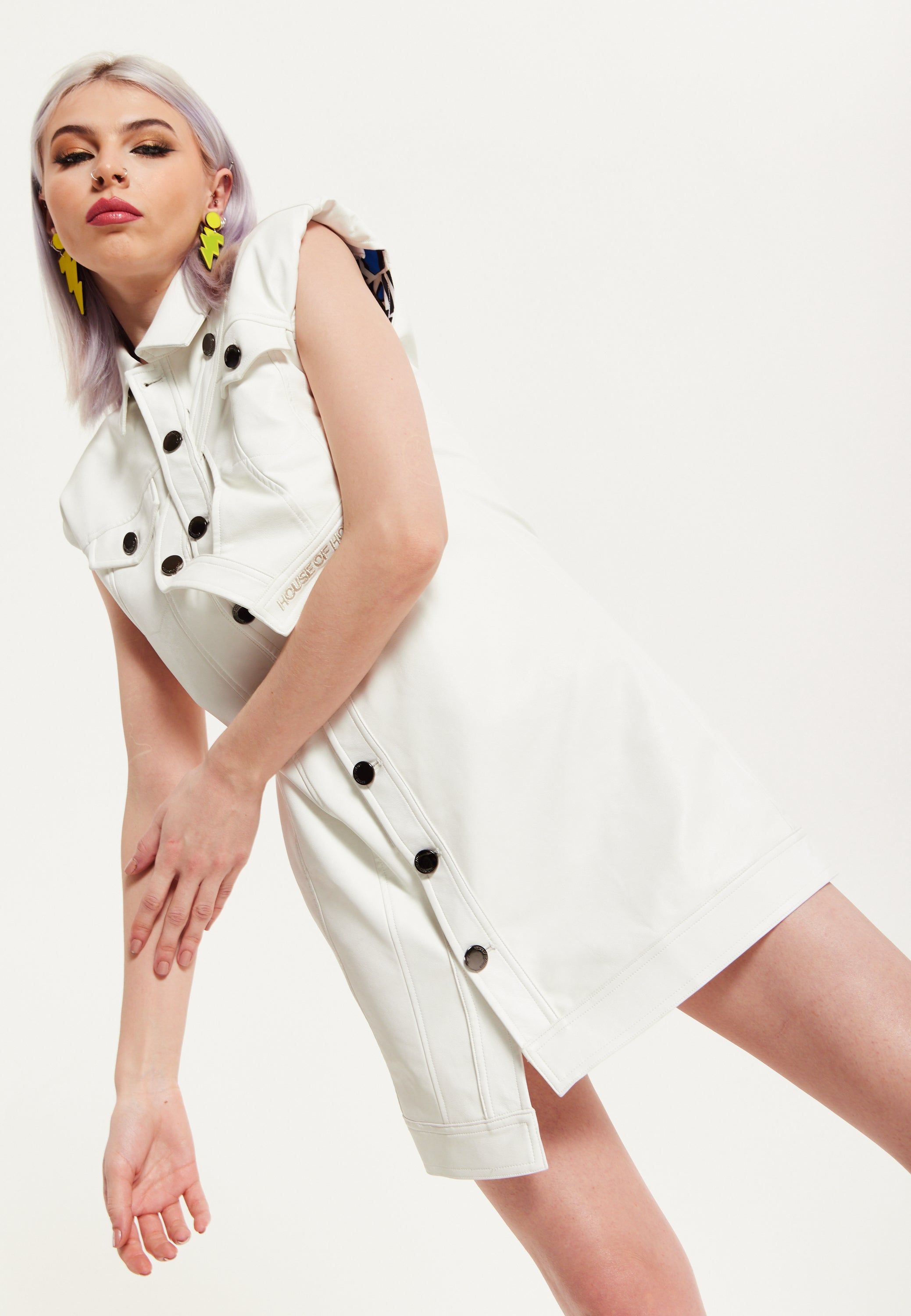 House of Holland Rocker Faux Leather Twist Button Down Dress Off White