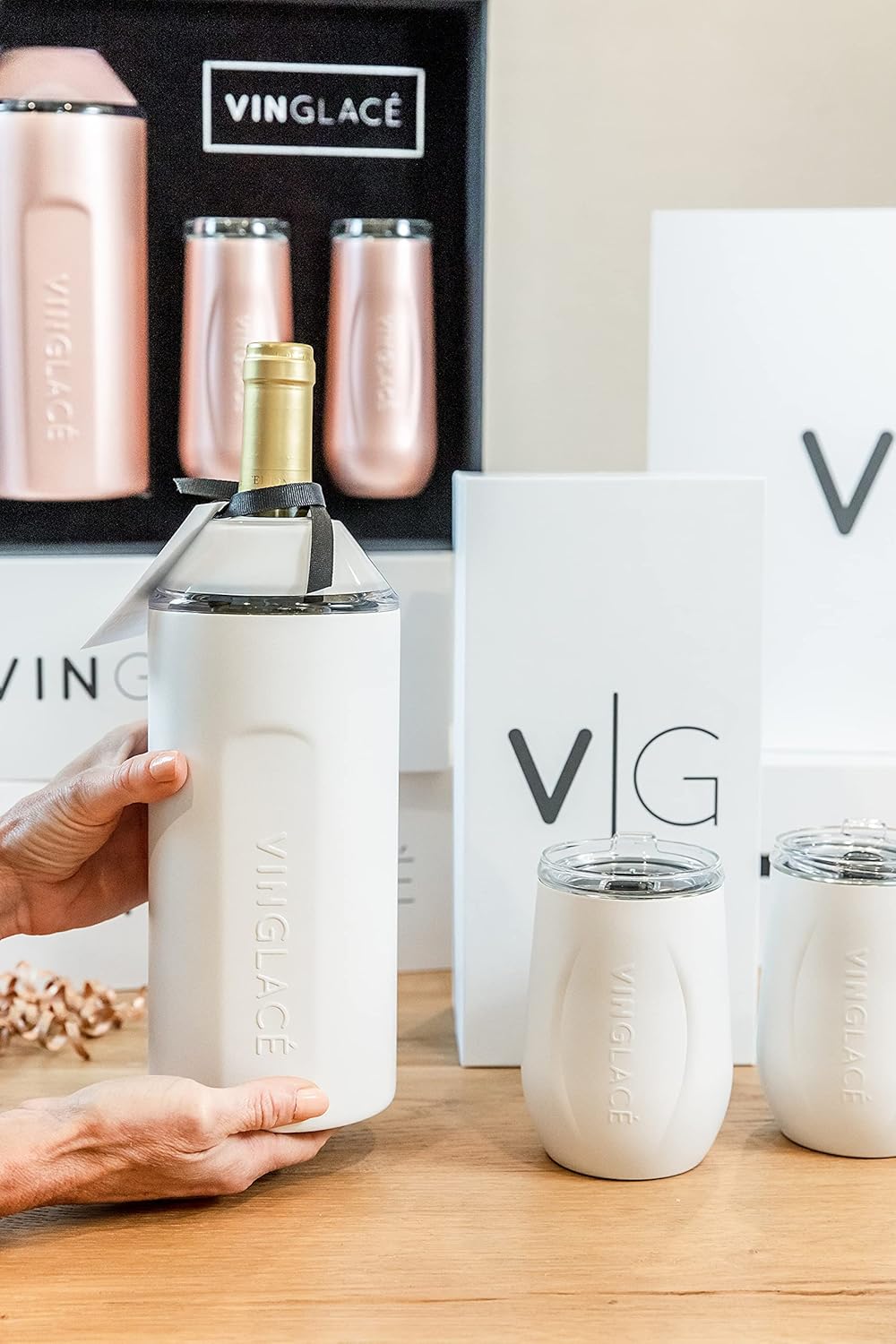 Vinglacé Champagne Bottle Chiller Gift Set- Portable Stainless Steel Sparkling Wine Cooler with 2 Stemless Champagne Flutes, White