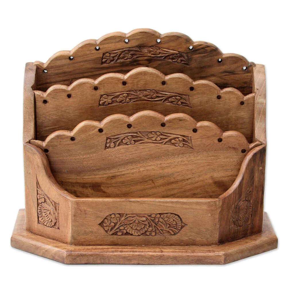 Handmade Walnut Wood 'Floral Blossom' Letter Rack (India)