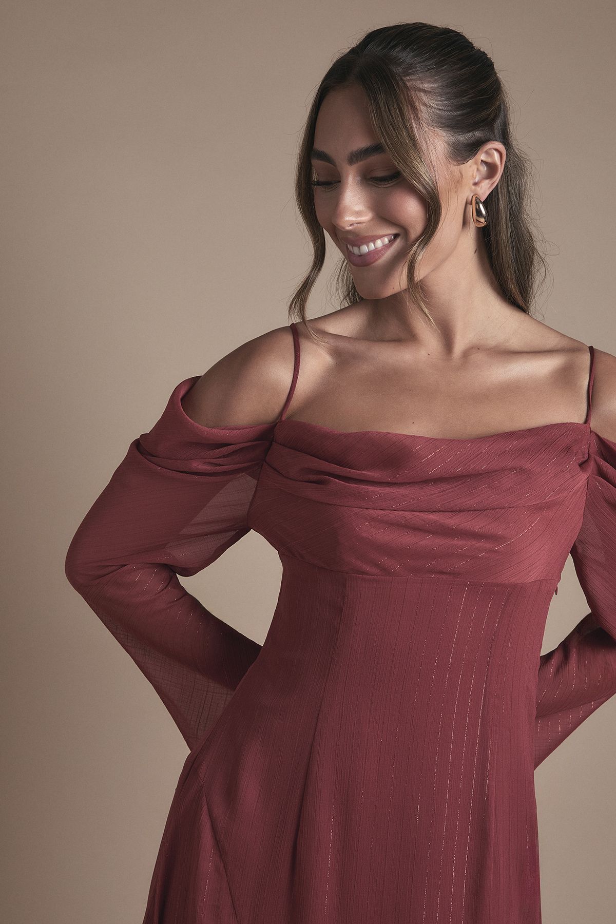 Coast Long Sleeve Cold Shoulder Ruffle Detail Maxi Bridesmaid Dress