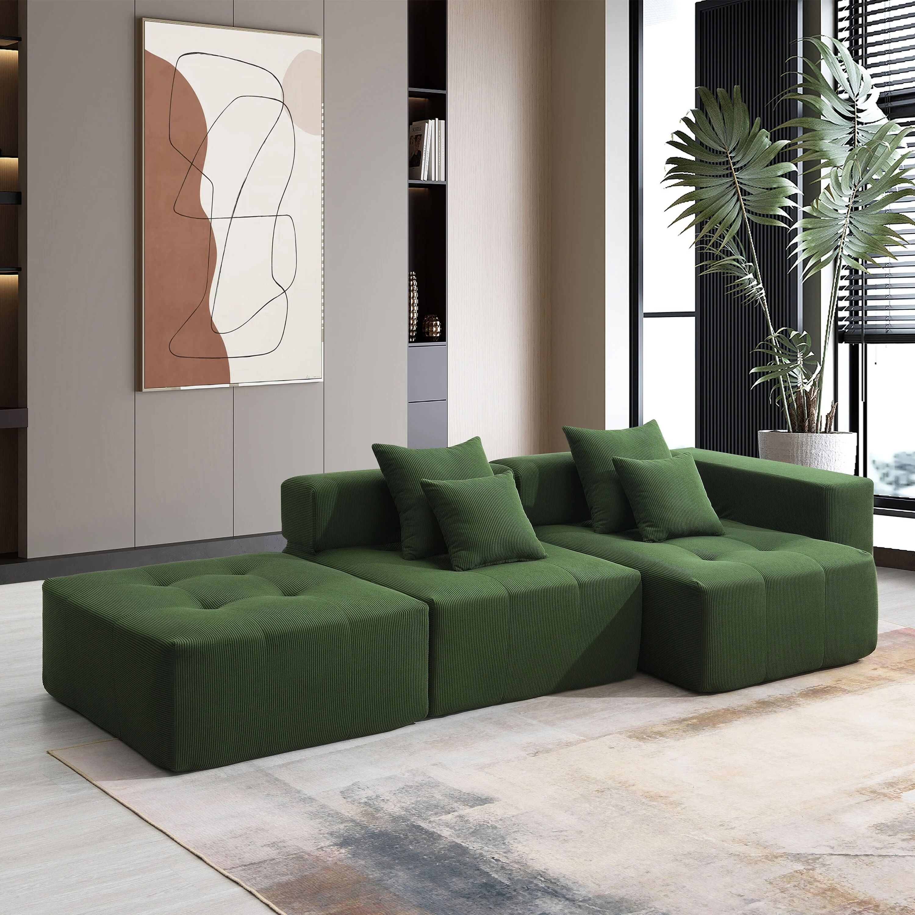 105.5'' Modular L-Shaped 3-Seater Sectional Sofa in Corduroy Upholstery with Tufted Design and 4 Included Pillows