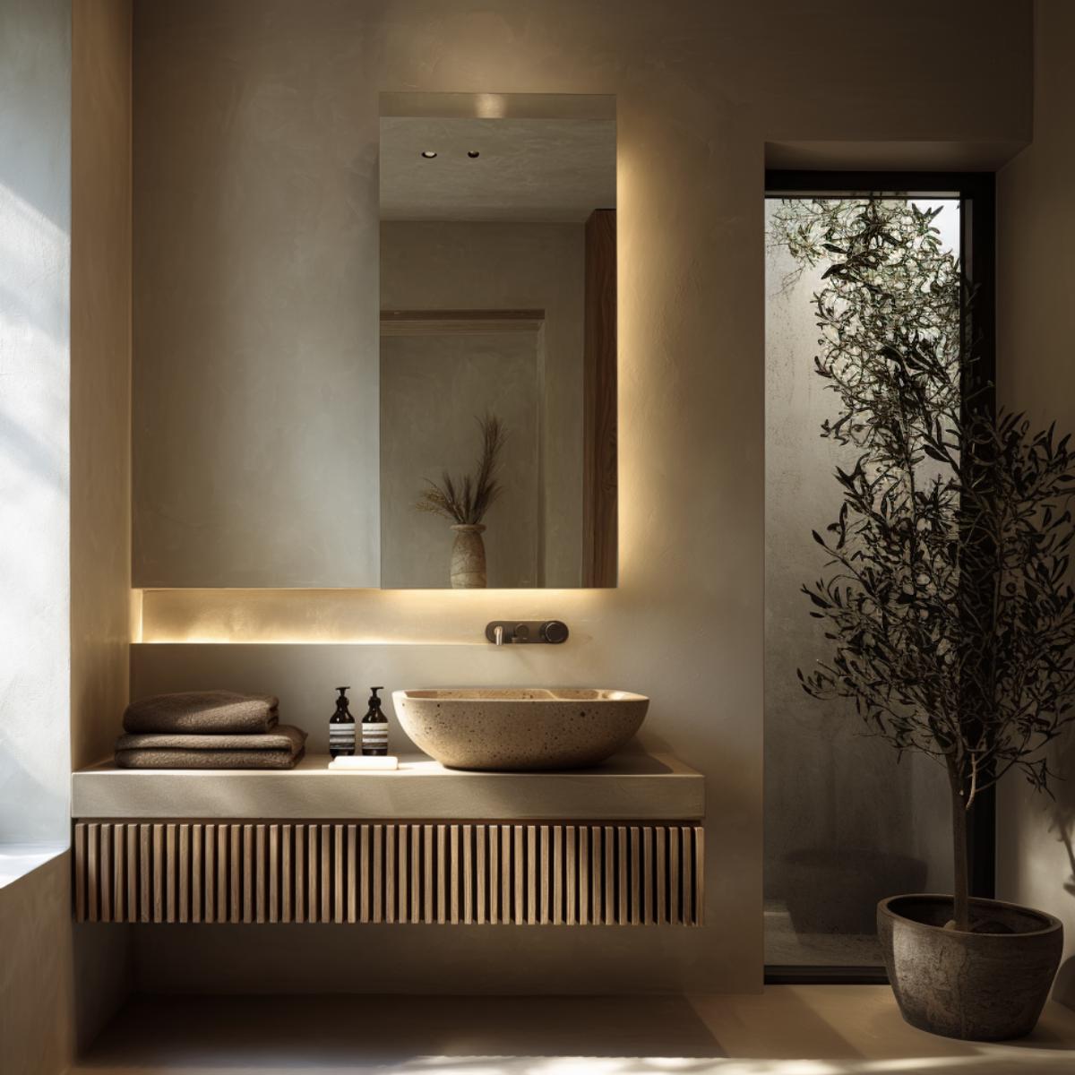 Fluted Oak Floating Vanity: Modern Spa Bathroom Cabinet, Custom Size