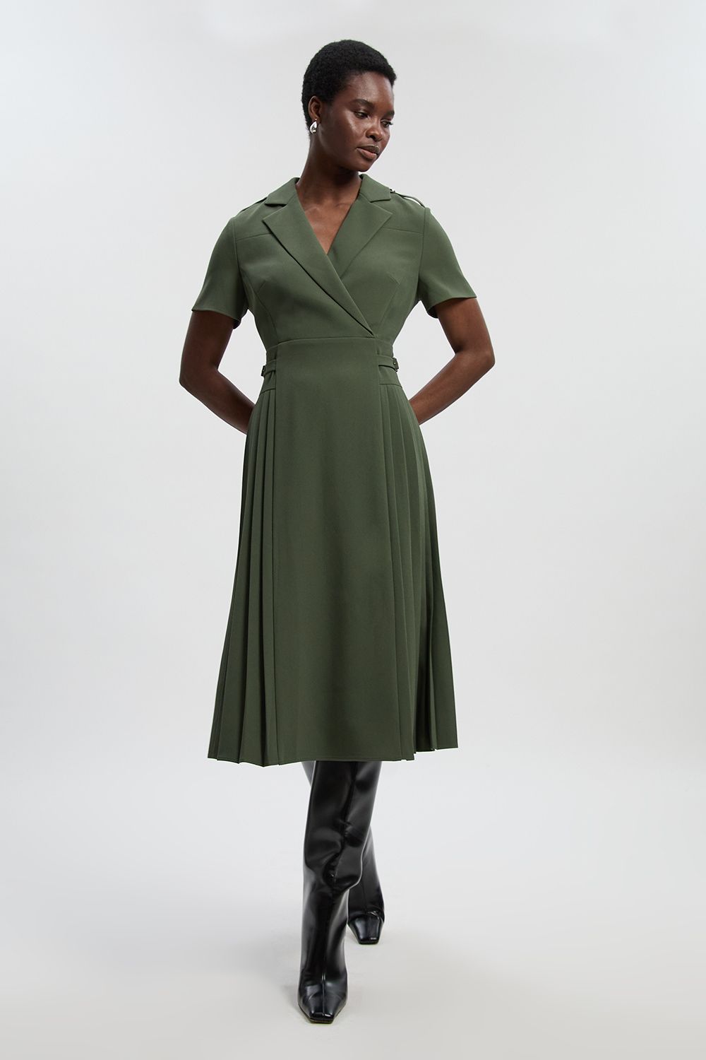 KarenMillen Petite Tailored Crepe Pleated Midi Shirt Dress