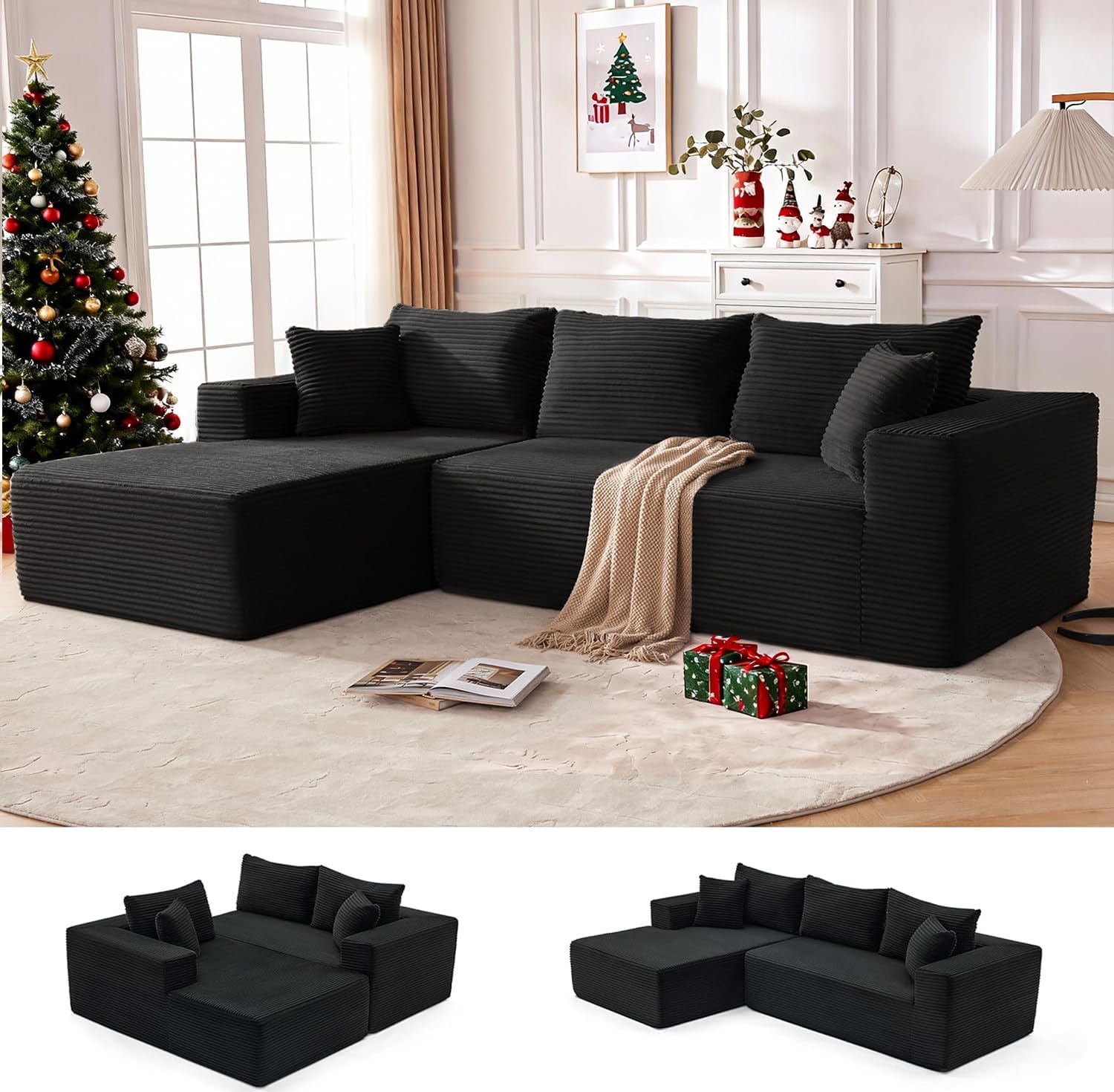 110” Cloud Sectional Couch, Boneless Sofa for Living Room, Modular Sectional Sofa with Deep Seat, Comfy Fluffy Couch with L-Shaped Chaise, No Assembly Required (Left-Facing Chaise, Black)