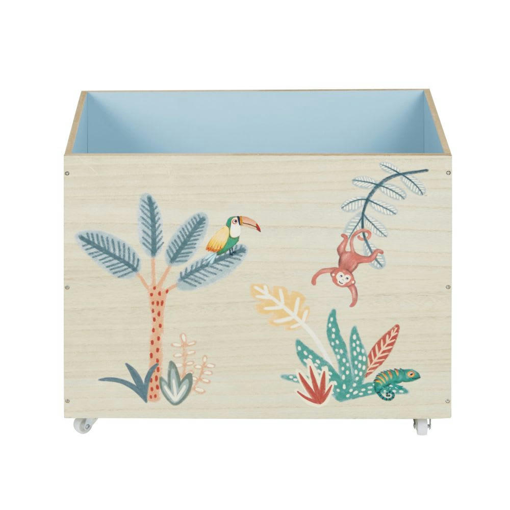 CHAMAREL - Caisse à jouets à roulettes beige avec motifs jungle vert, bleu et jaune