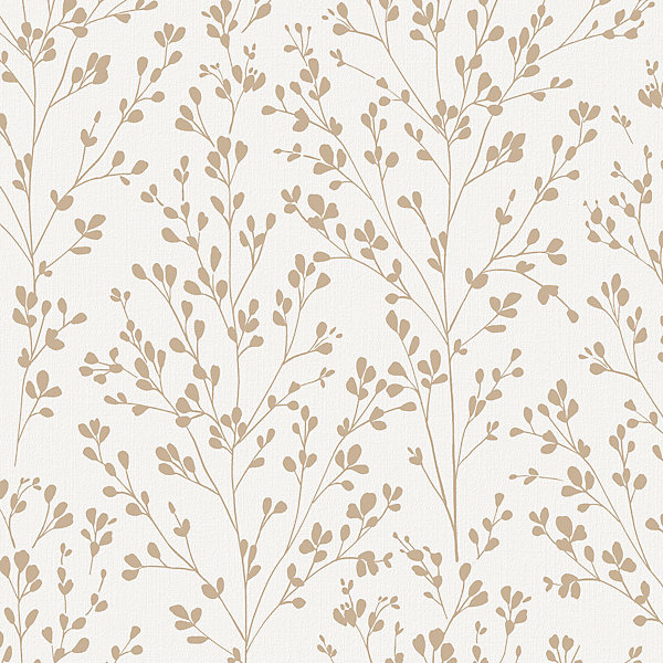 Papier peint vinyle intissé feuillage Omura doré, blanc L.1005 x l.53cm Grandeco