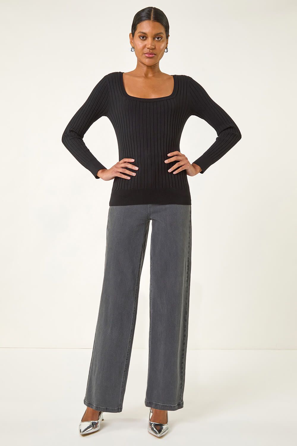 Roman Square Neck Ribbed Knit Jumper