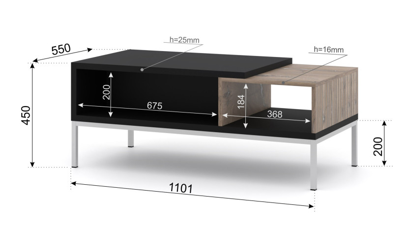 Stolik kawowy TOLEDO 110x55 cm dąb flagstaff / czarny mat