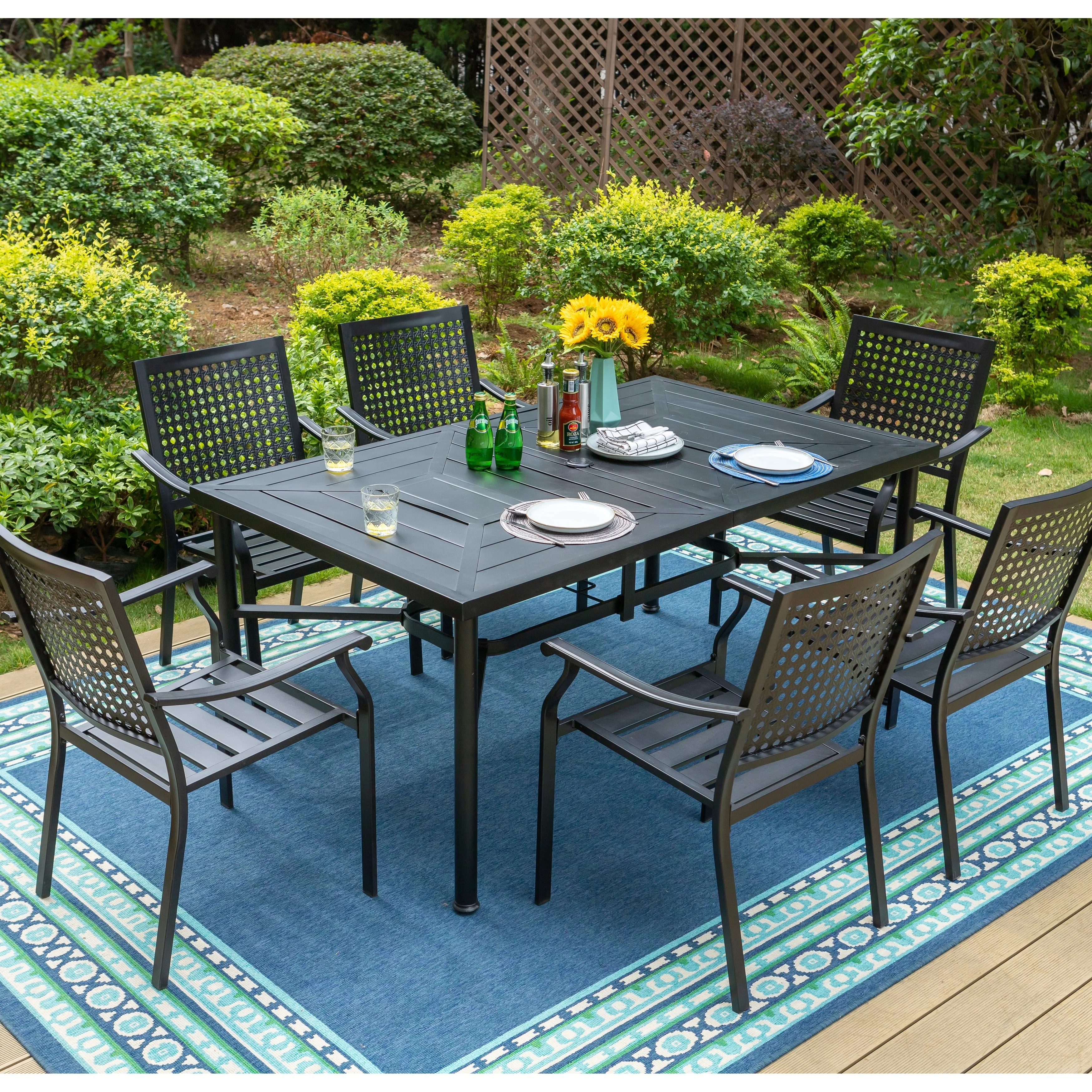 7-Piece Patio Dining Set Metal E-coating of 6 Upgraded Back Pattern Chairs & 1 Umbrella Hole Metal Table