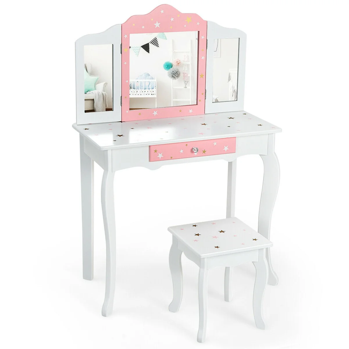 Gymax Kids Vanity Princess Makeup Dressing Table Chair Set W/ - See Details