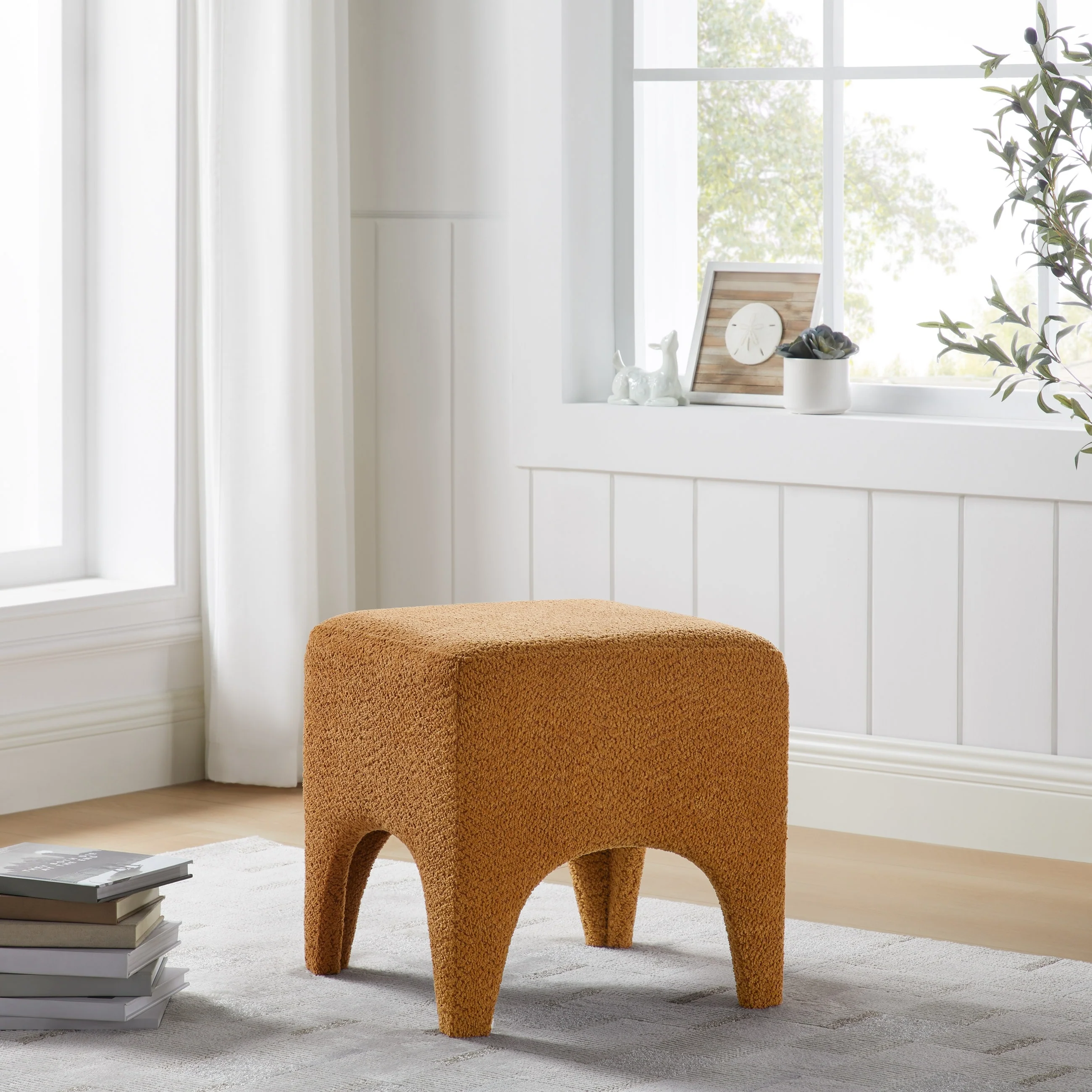 17.72-inch Boucle Upholstered Ottoman - Footstool, Vanity Stool, Entryway Bench