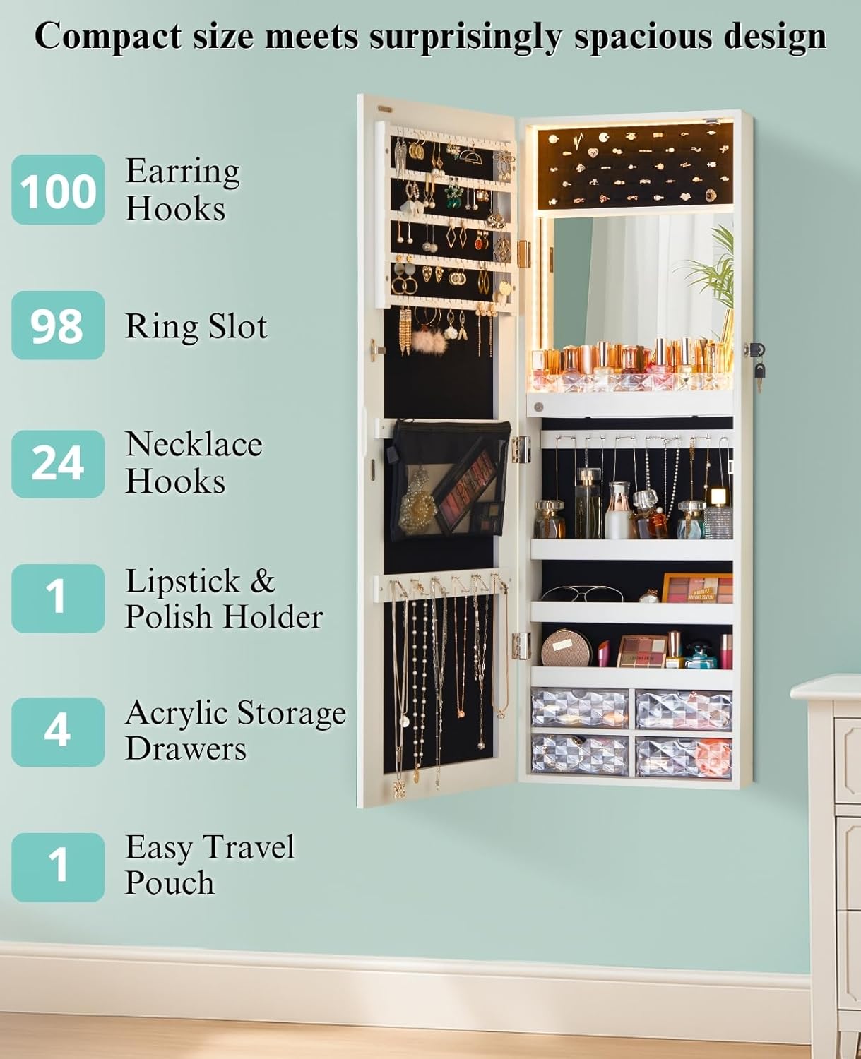 LUXFURNI LED Lights Mirror Jewelry Cabinet Wall Mounted or Door-Hanging, 42 Full Length Mirror with Storage, Built-in Makeup Mirror, Lockable Jewelry Mirror Organizer, White