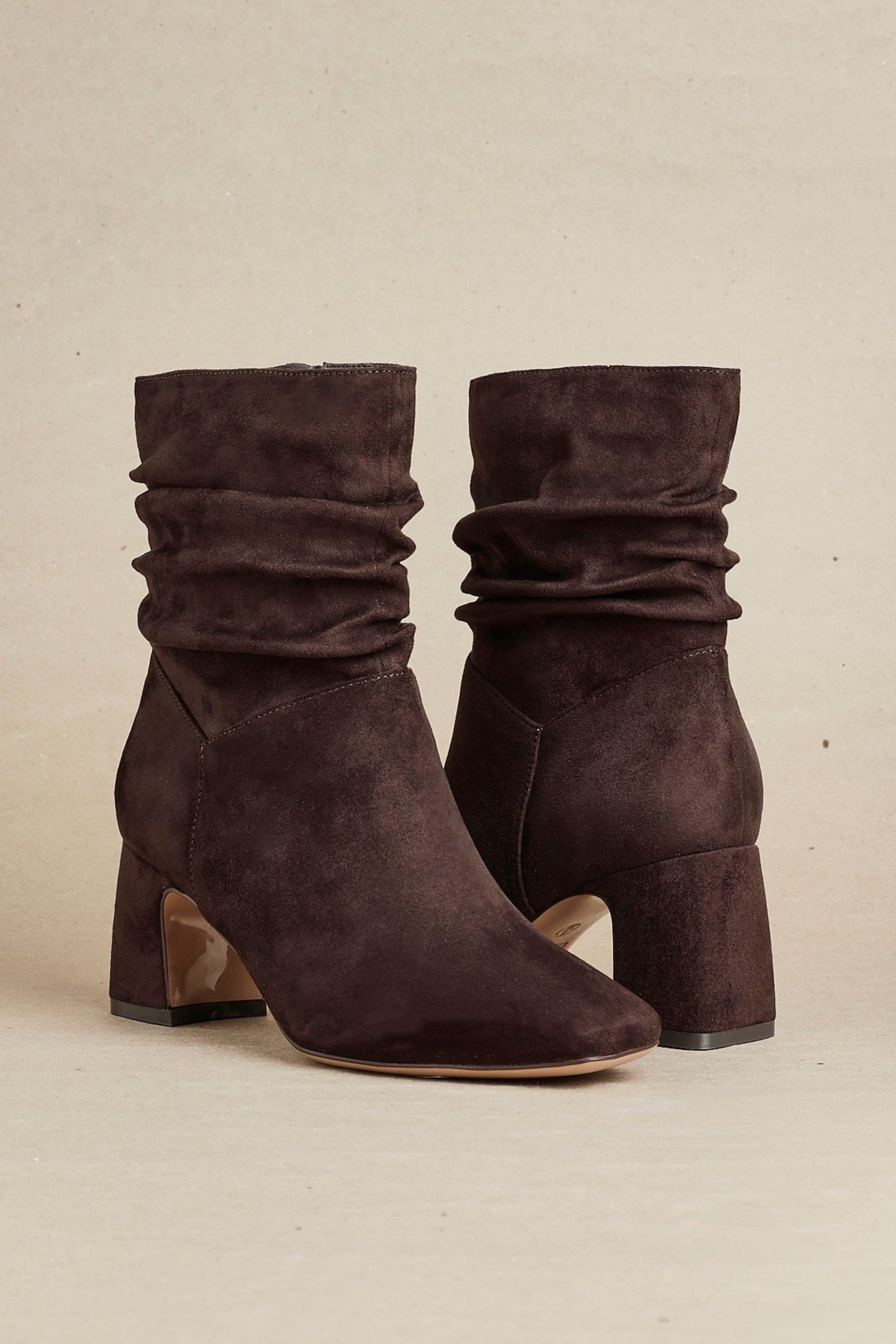 Linzi Maven Brown Faux Suede Ruched Block Heel Ankle Boot