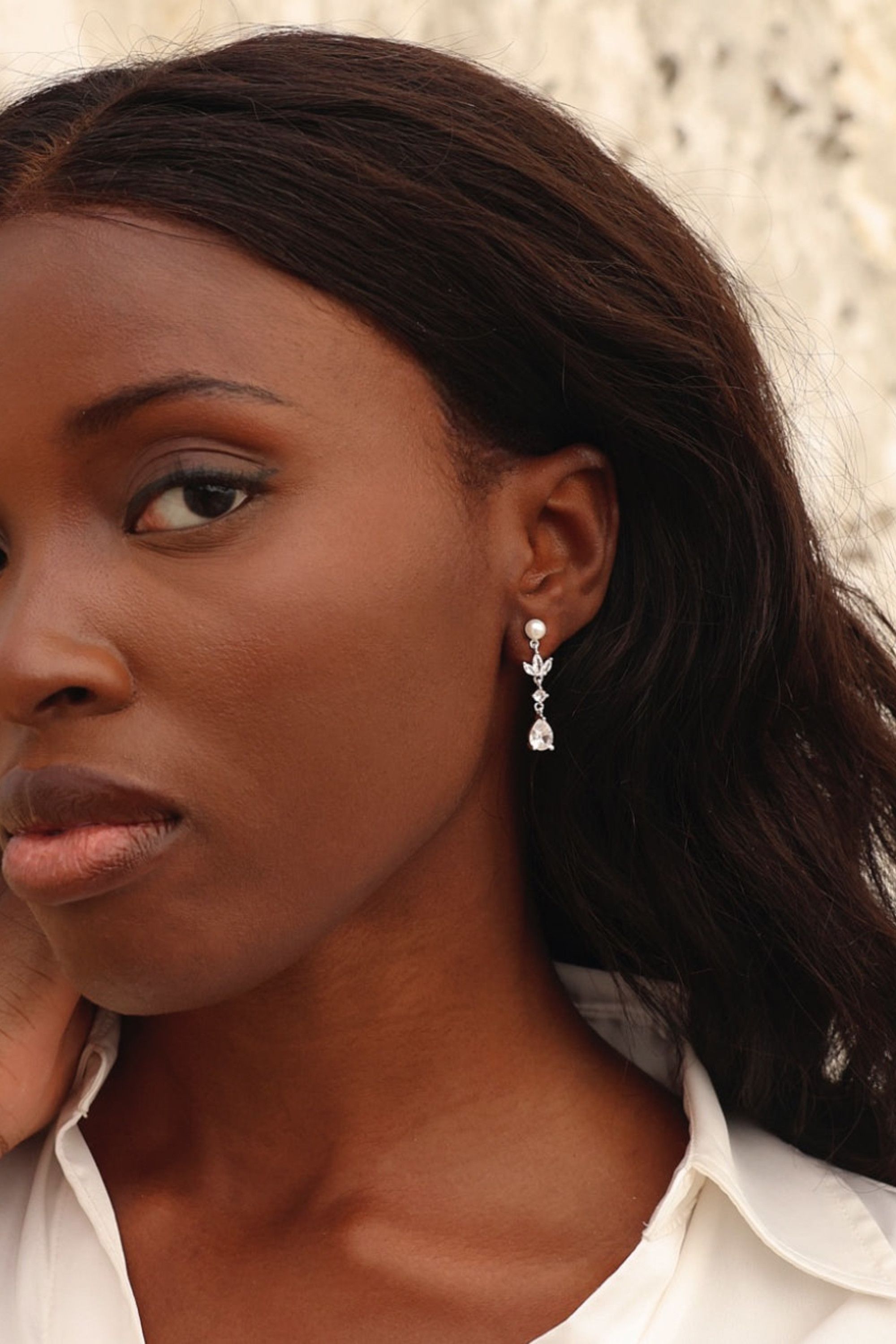 Linzi Pristine Silver Pearl Crystal Drop Earrings