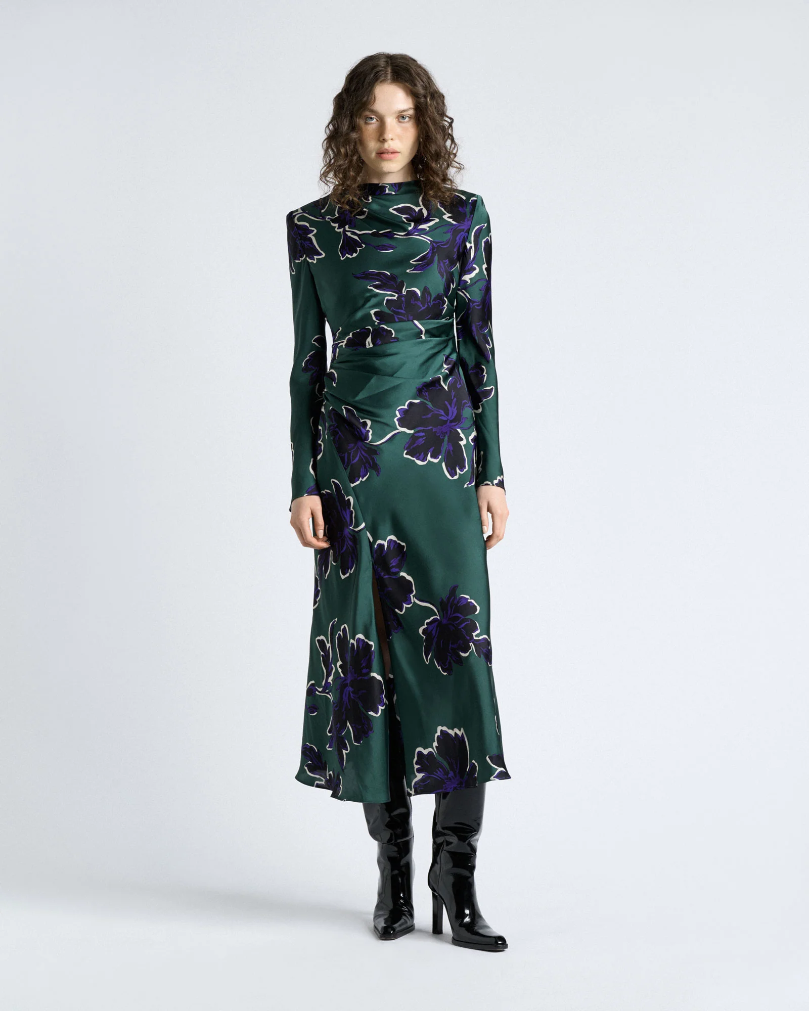 Fern Brushwork Floral Gathered Midi Dress