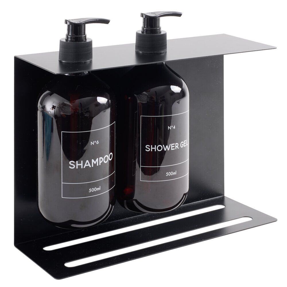 Distributeur de savon mural métal avec 2 flacons plastique 500ml noir 25x9xH22cm