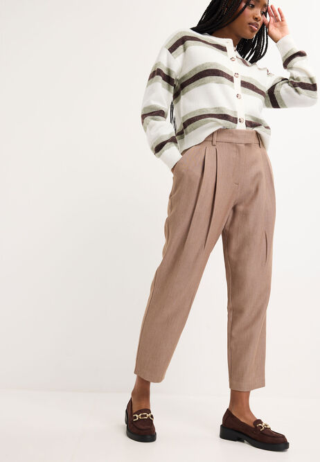 Womens Beige Textured Tapered Leg Trousers