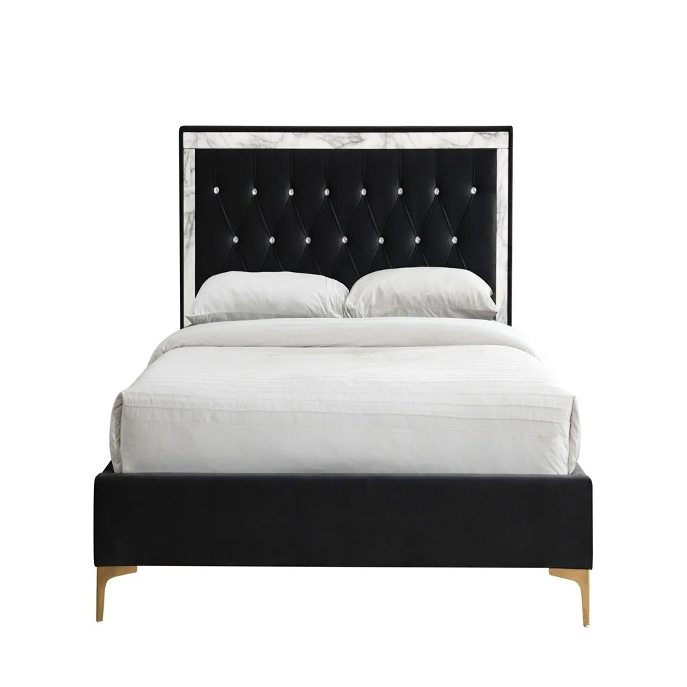 Queen Bed Upholstered Headboard With Crystal-Like Button Tufted Details,Black Fabric(86L X 65W X 47H)