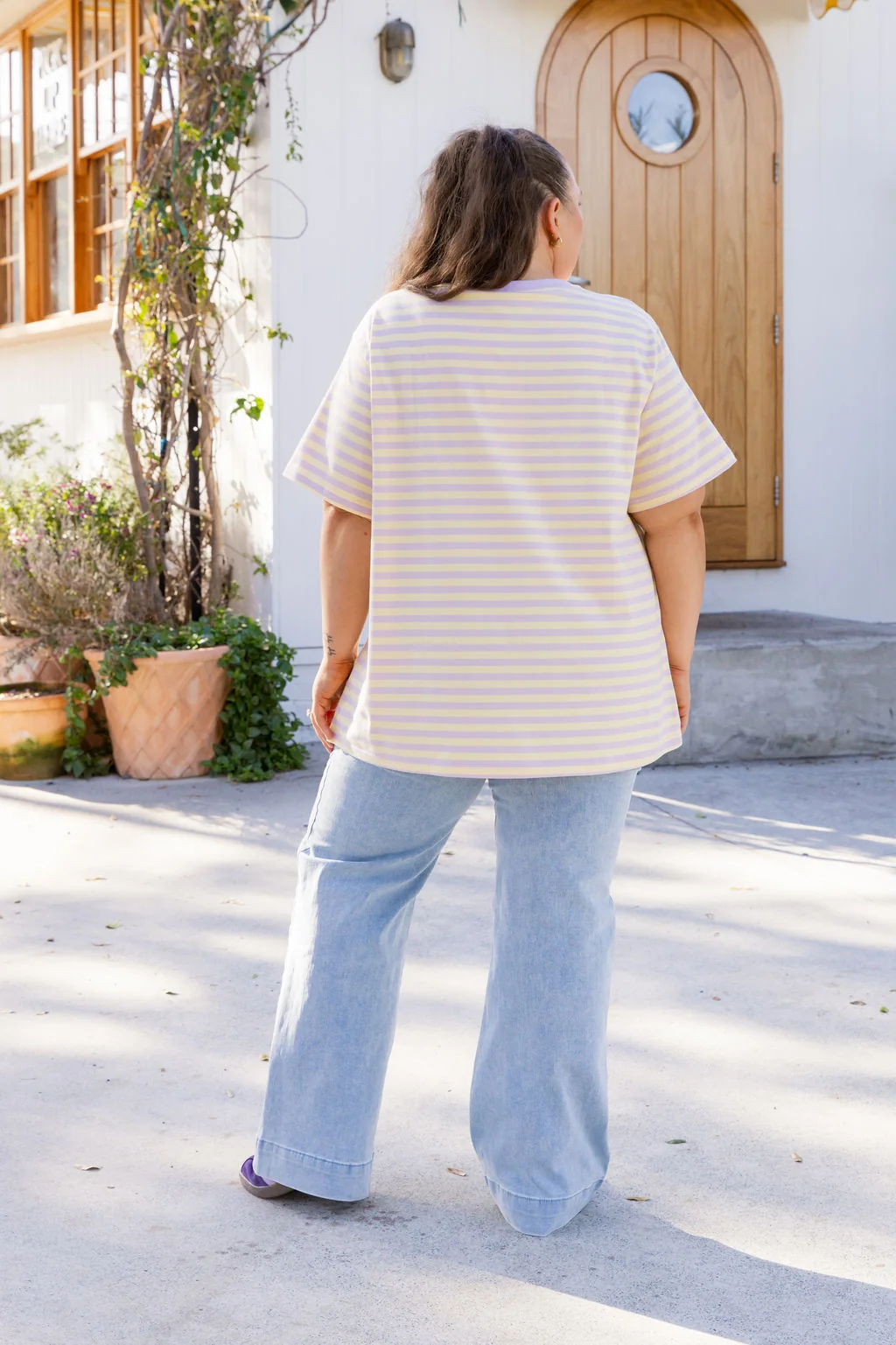 Striped V-Neck Tee in Lemon/Lilac