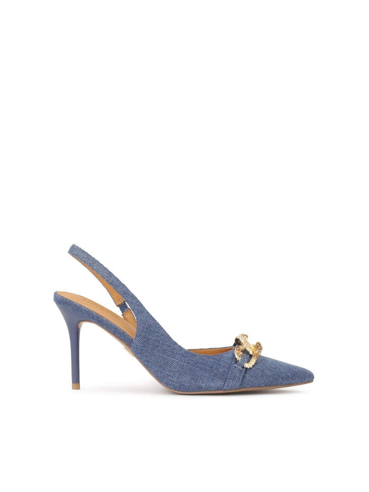 Blue denim fabric slingback pumps