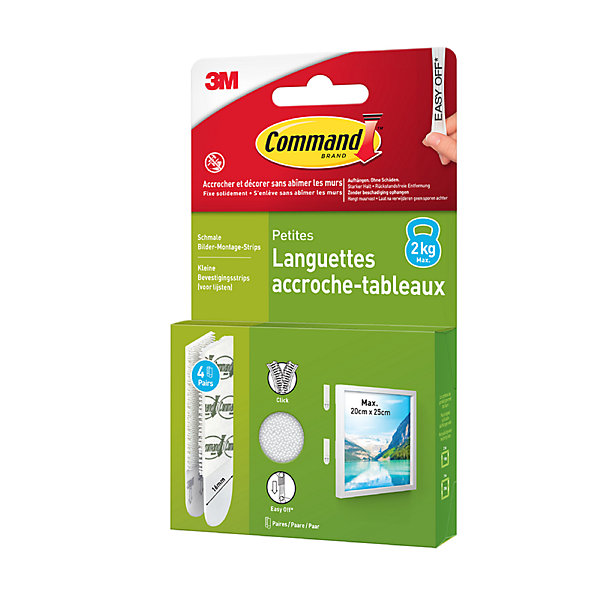 Languette adhésive accroche-tableaux petites 3M Command max 2kg