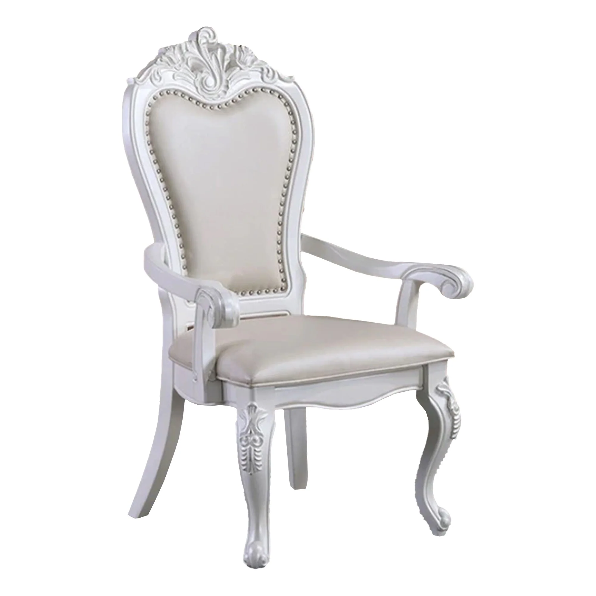 Zenie 7pc Dining Set, White Solid Wood Table, 6 Chairs, Faux Leather