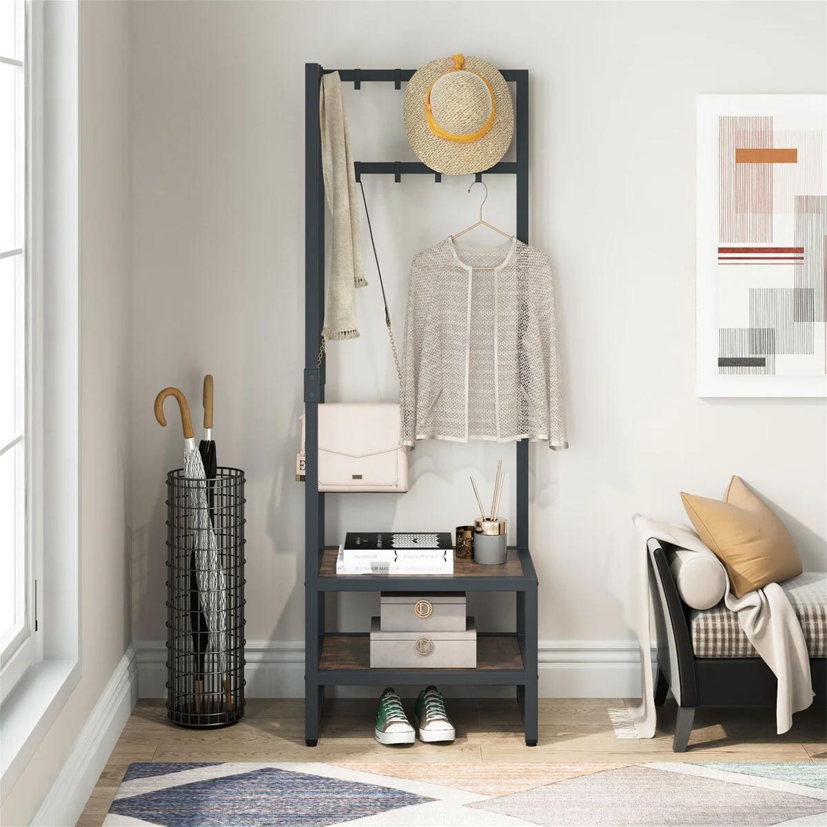 Coat Rack Reversible Hall Tree with Shoe Bench & with 10 Hooks