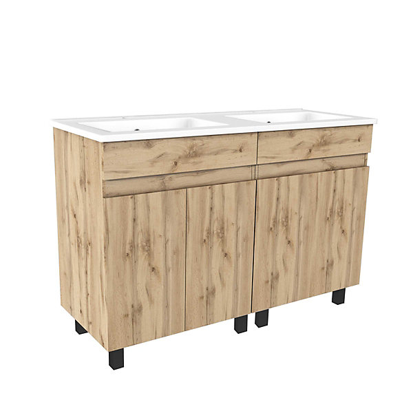 Ensemble sous vasque à poser effet chêne industriel 4 portes   vasque double blanche, l.120 cm, Galedo Timber