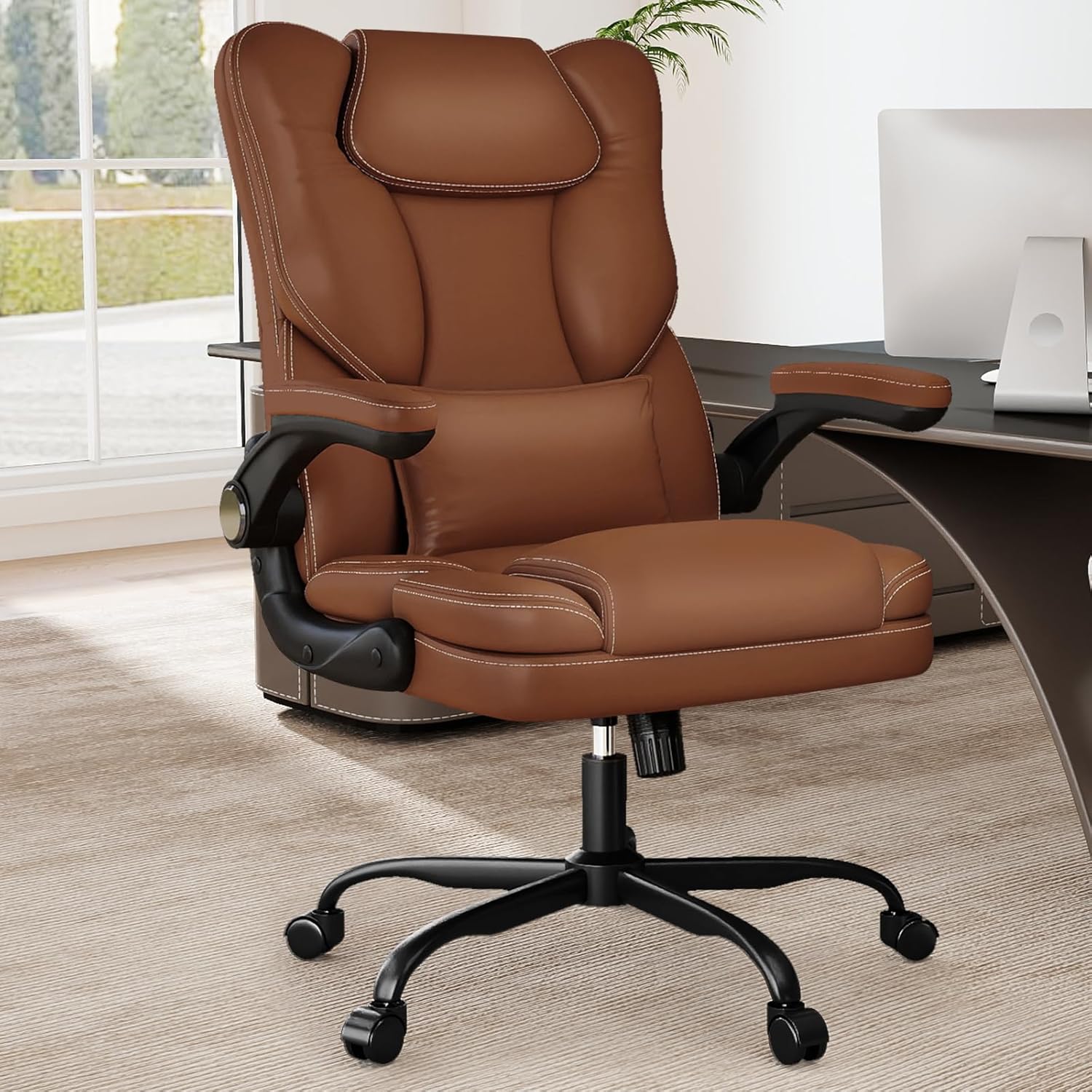 Ergonomic Office Chair with Flip-up Armrests 300lbs,Middle- Tall Computer Office Desk Chair with Lumbar Support,Executive PU Leather Chair with Rocking Function Adjustable Height for Home Office
