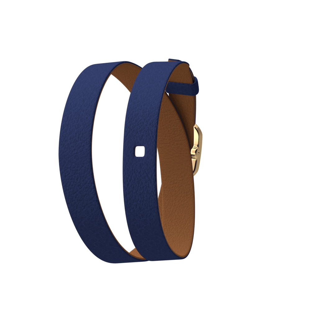Bracelet cuir Double tour, Bleu Denim / Canyon, boucle dorée rose