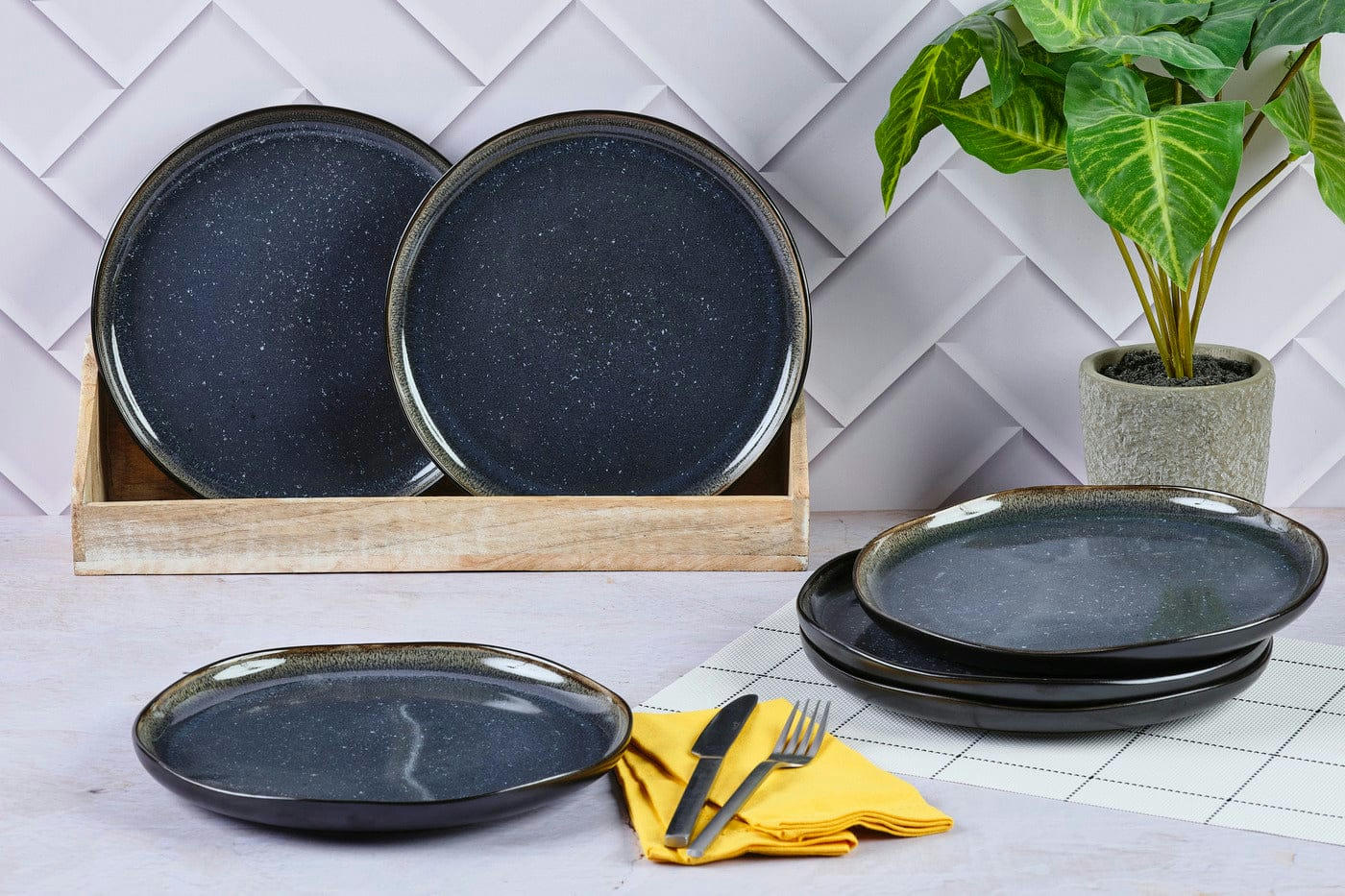 REACTIV - Lot de 6 assiettes plates en grès bleu D26