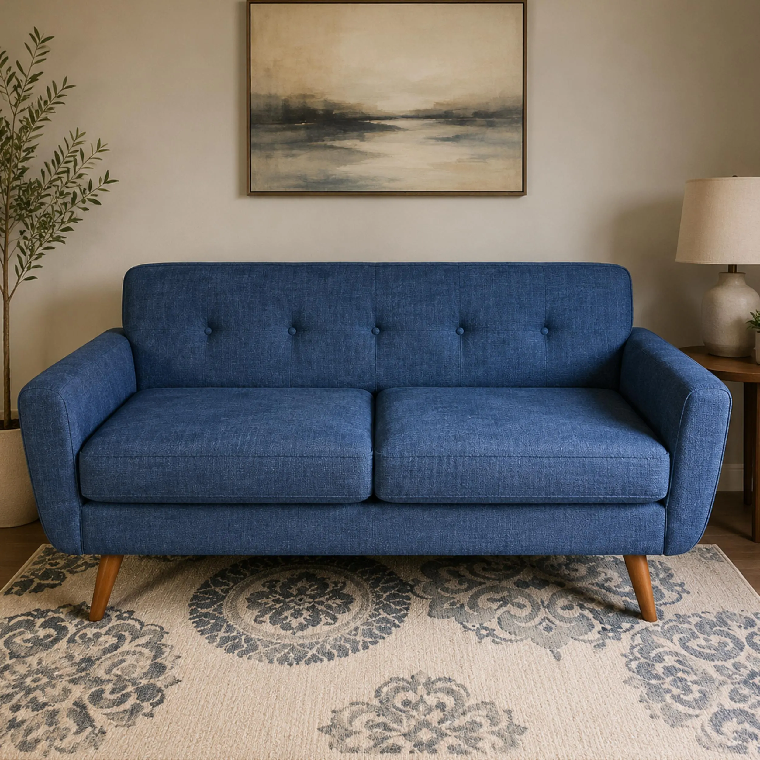 Mid-Century Modern Loveseat, Tufted Fabric Sofa, Comfortable Cushions, Wooden Legs