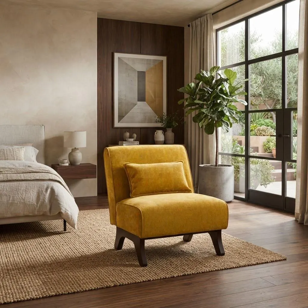 Modern Armless Accent Chair with Pillow, Farmhouse Brown Upholstered Lounge Chair, Comfy Bedroom Reading Nook Chair with Solid Wood Legs