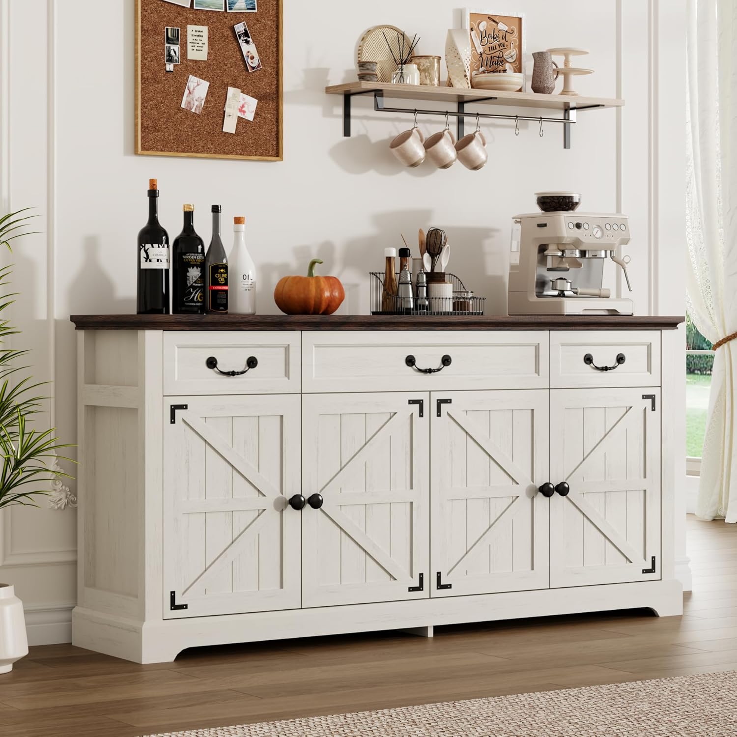 Sunny Heart 65 Large Buffet Storage Cabinet, Farmhouse Kitchen Sideboard Buffet with 3 Drawers and 4 Doors, Coffee Bar Wine Bar Cabinet with Storage for Living Room, White